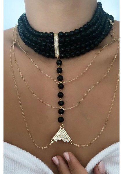 Beş Sıralı Cam Boncuk Tasarım Kolye