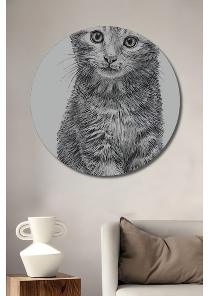 Sevimli Kedi Kara Kalem Görünümlü Dekoratif Ahşap Tablo Yuvarlak Tablo