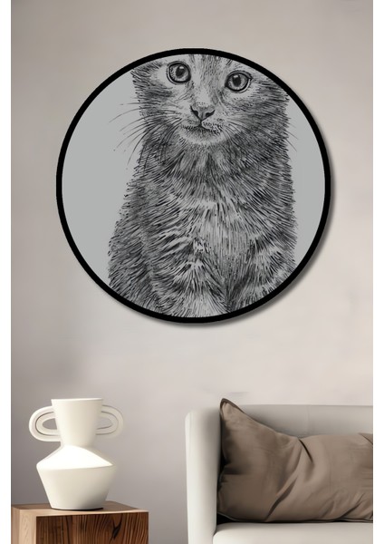 Sevimli Kedi Kara Kalem Görünümlü Dekoratif Ahşap Tablo Yuvarlak Tablo fiyatları