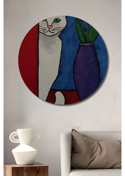 Sevimli Kedi ve Kırmızı Lale Yağlı Boya Görünümlü Ahşap Dekoratif Tablo Yuvarlak Tablo
