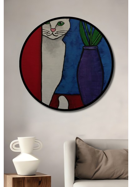 Sevimli Kedi ve Kırmızı Lale Yağlı Boya Görünümlü Ahşap Dekoratif Tablo Yuvarlak Tablo fiyatları