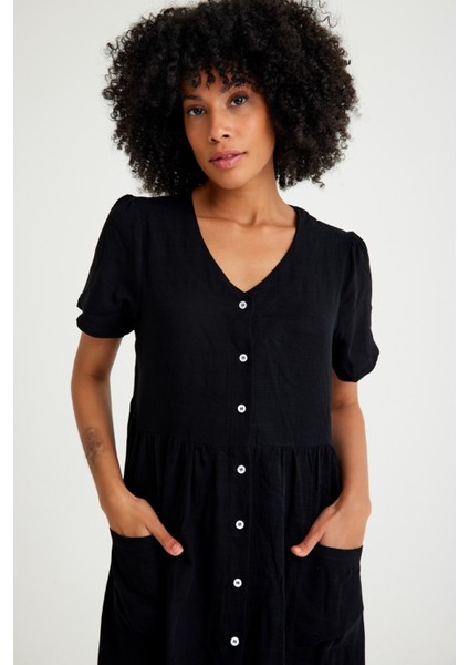 Keten Günlük Rahat V Yaka Beli Büzgü Detaylı Düğmeli Elbise