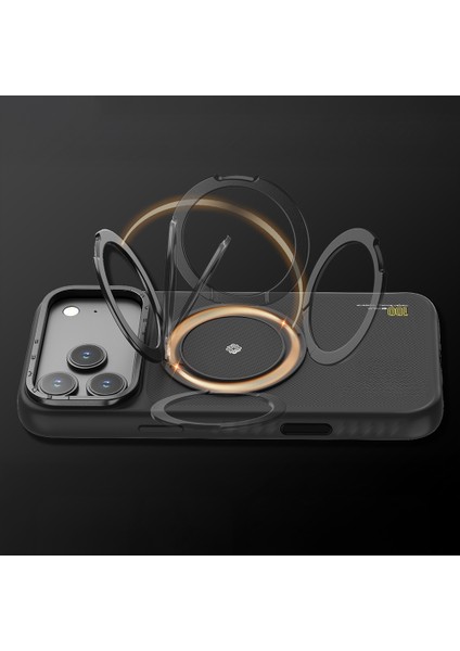 iPhone 17 Pro Uyumlu Kılıf M-Safe Şarj Özellikli Metal Standlı Lenyes CK225 Kevlar Kapak Siyah