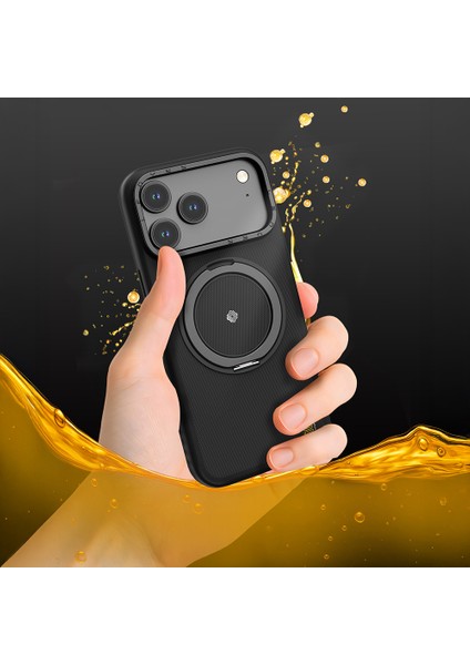 iPhone 17 Pro Uyumlu Kılıf M-Safe Şarj Özellikli Metal Standlı Lenyes CK225 Kevlar Kapak Siyah