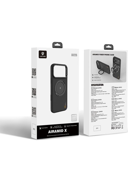 iPhone 17 Pro Uyumlu Kılıf M-Safe Şarj Özellikli Metal Standlı Lenyes CK225 Kevlar Kapak Siyah