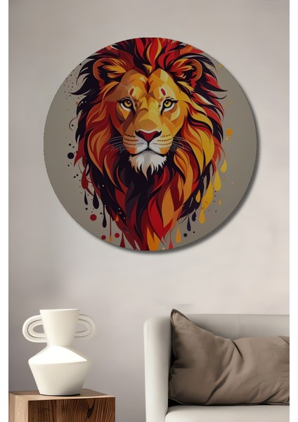 Yağlı Boya Görünümlü Aslan Kral Ahşap Dekoratif Tablo Yuvarlak Tablo