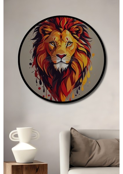 Yağlı Boya Görünümlü Aslan Kral Ahşap Dekoratif Tablo Yuvarlak Tablo fiyatları