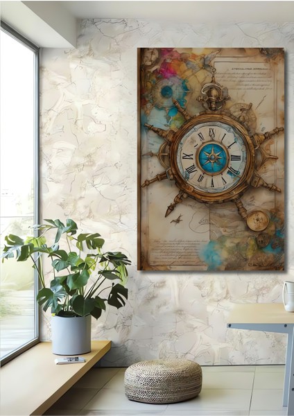 Ahşap Tablo Altın Pusulalı Antik Dünya Haritası Yağlı Boya Görünümlü Sanat Eseri Dikdörtgen Tablo