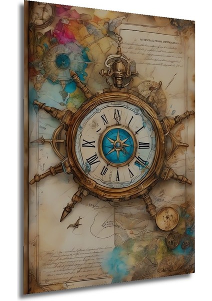 Ahşap Tablo Altın Pusulalı Antik Dünya Haritası Yağlı Boya Görünümlü Sanat Eseri Dikdörtgen Tablo fırsatları