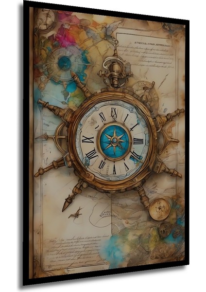 Ahşap Tablo Altın Pusulalı Antik Dünya Haritası Yağlı Boya Görünümlü Sanat Eseri Dikdörtgen Tablo