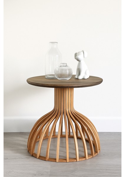 Palermo Yuvarlak Modern Klasik Rustik Retro Vintage Naturel Dekoratif Ahşap Çıtalı Eskitme Iskandinav Yan Orta Mantar Sehpa