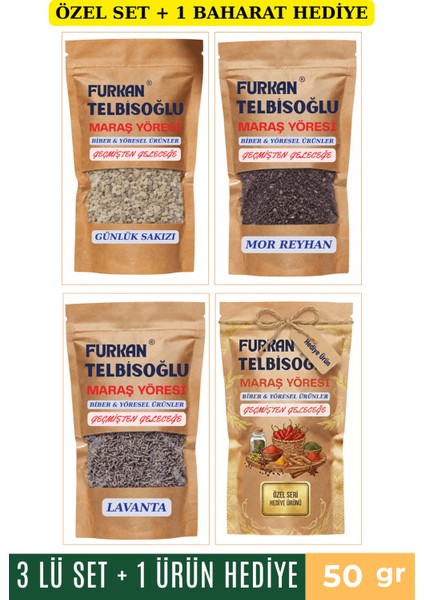 Ak Günlük Sakızı 50GR + Doğal Lavanta 50GR + Mor Reyhan Elenmiş 50GR + 1 Baharat Hediye