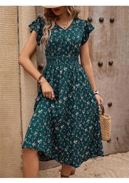 Kadın Kısa Kollu V Yakalı Beli Lastikli Çiçek Desenli Suprem Elbise