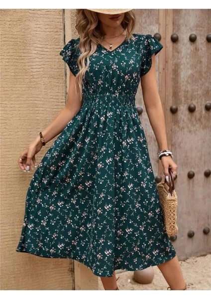 Kadın Kısa Kollu V Yakalı Beli Lastikli Çiçek Desenli Suprem Elbise fiyatları