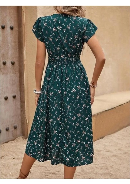 Kadın Kısa Kollu V Yakalı Beli Lastikli Çiçek Desenli Suprem Elbise fırsatları