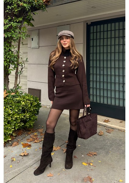 Kahverengi Belden Oturtma Hırkalı Etekli Takım -0611