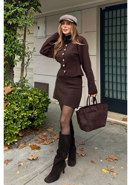 Kahverengi Belden Oturtma Hırkalı Etekli Takım -0611 modelleri