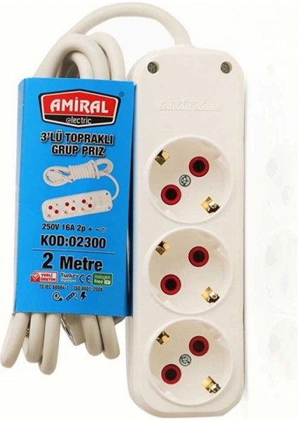 3 lü Topraklı 2 Metre Kablolu Grup Priz