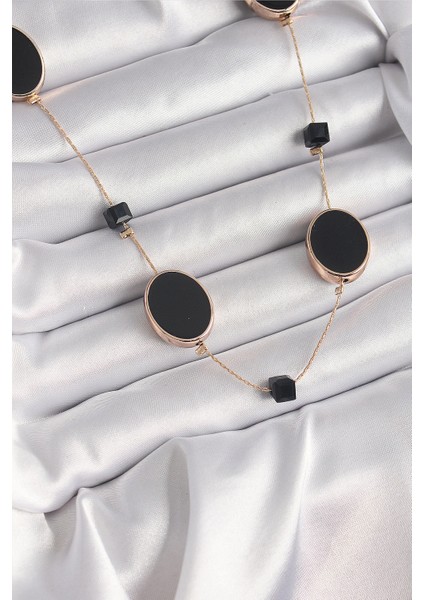 Pirinç Gold Renk Siyah Renk Oval Siyah Küp Detay Kadın Kolye - TJ-BKO9625