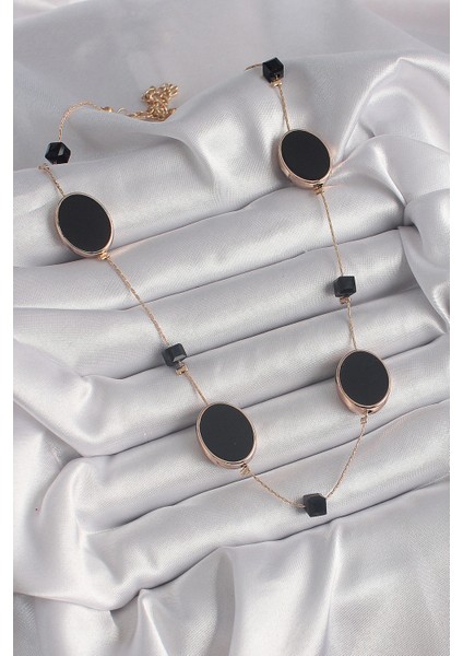 Pirinç Gold Renk Siyah Renk Oval Siyah Küp Detay Kadın Kolye - TJ-BKO9625 fiyatları