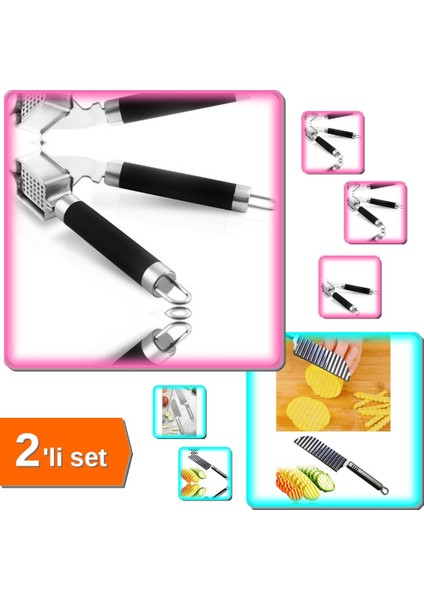 Tırtıklı Patates Kesme Bıçağı + Lüx Çelik Sarımsak Ezici - 2li Set ABC456