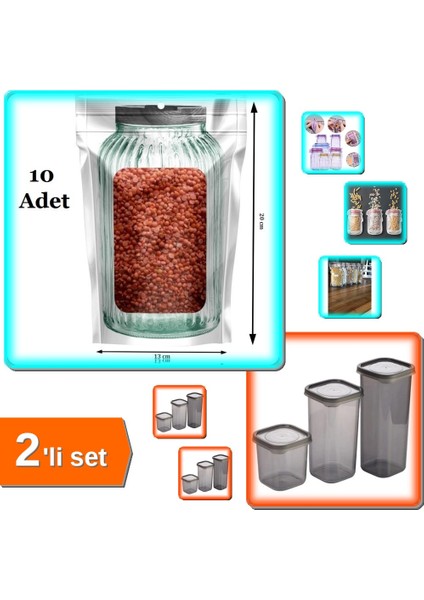 3 Adet Kare Plastik Saklama Kabı Kapaklı + 10 Adet Çıtçıtlı Kavanoz Görünümlü Poşet 2li Set TZX8A1