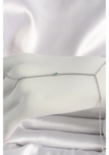 Pirinç Gümüş Renk Su Yolu Zirkon Taşlı Mavi Taş Detaylı Kadın Şahmeran - TJ-SN620