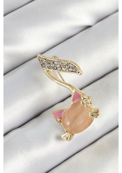 Zirkon Taşlı 3D Kedi Detaylı Nota Figürlü Gold Renk Kadın Broş - TJ-BR444