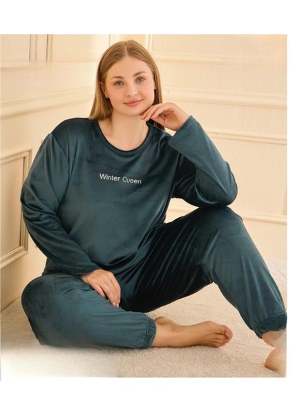 Kadın Kışlık Bisiklet Yaka Kadife Battal Pijama Takımı 132214P - 1 Adet