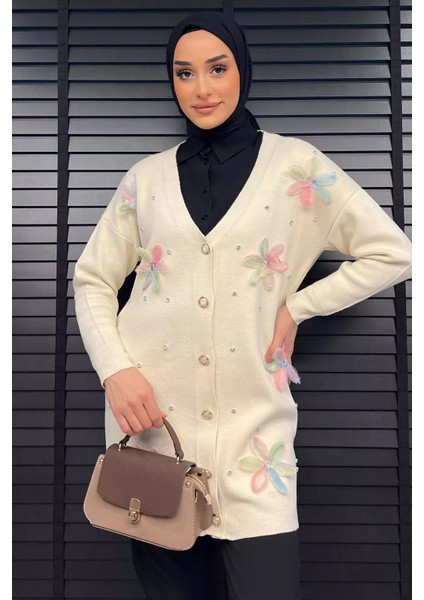 Taş Detaylı Çiçek Işlemeli Tesettür Triko Hırka P-00014665