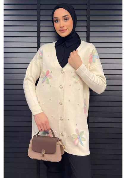 Taş Detaylı Çiçek Işlemeli Tesettür Triko Hırka P-00014665 fiyatları