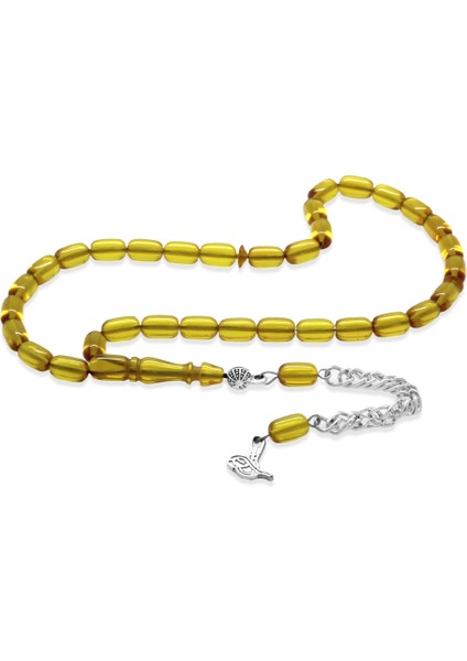 Ateş Kehribar Tesbih - Kararmaz Metal Püsküllü - Mini Boy - Sarı Renk - Kapsül Kesim