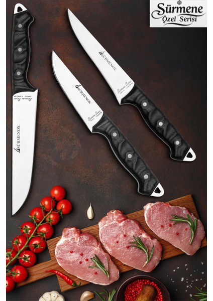 Sürmene Serisi Mutfak Bıçak Seti Yüzme Sıyırma Kasap Et Sebze Bıçağı 3 Lü Siyah Verzalit Sap HDS-147