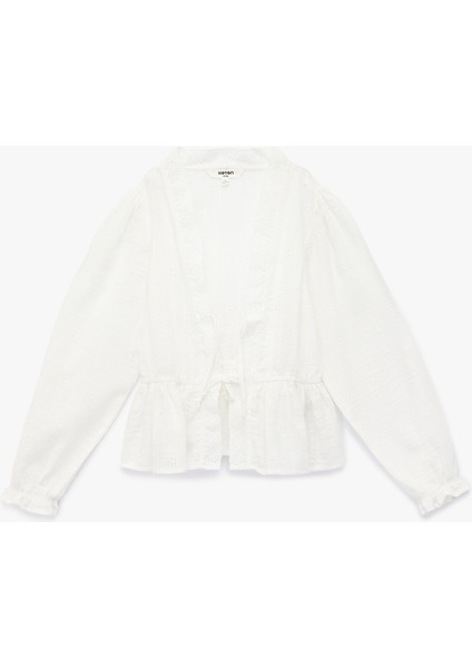 V Yaka Uzun Kollu Fırfırlı Pamuklu Oversize Gömlek