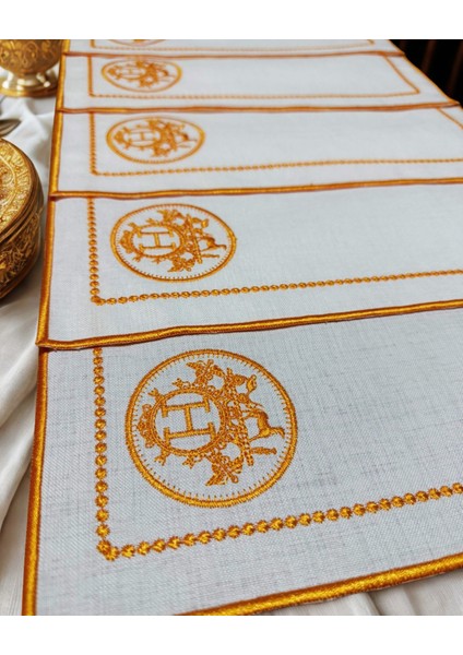 Monogram Desenli Lüks Amerikan Servis Turuncu Altın Nakışlı 6'lı fiyatları