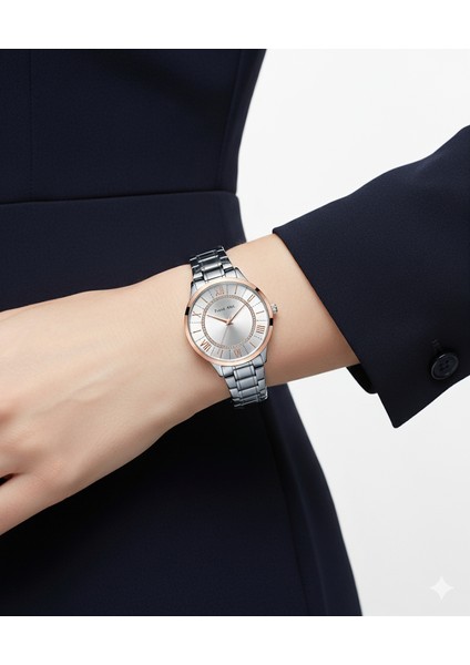 Kadın Kol Saati Altın ve Gümüş Renk, Gümüş Kadran - Şık Metal Kordon, 2 Yıl Garantili modelleri