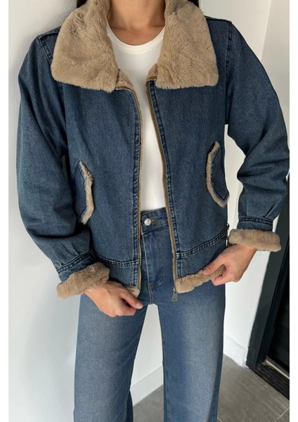 Kadın Kemer Detaylı Çift Cepli Içi Kürklü Jean Kot Ceket P-00019043