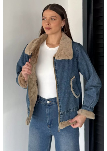 Kadın Kemer Detaylı Çift Cepli Içi Kürklü Jean Kot Ceket P-00019043 fiyatları