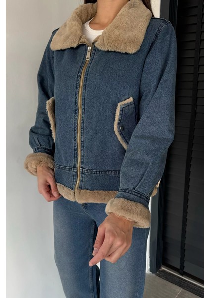 Kadın Kemer Detaylı Çift Cepli Içi Kürklü Jean Kot Ceket P-00019043 modelleri