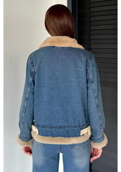 Kadın Kemer Detaylı Çift Cepli Içi Kürklü Jean Kot Ceket P-00019043 fırsatları