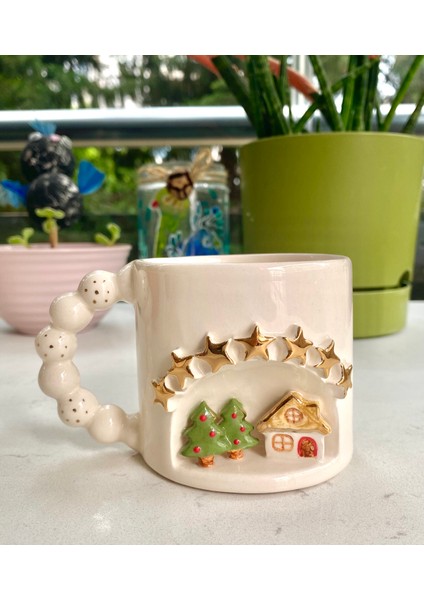 El Yapımı Seramik Gerçek 24K Altın Dekorlu Yıldızlı Yılbaşı Kupa