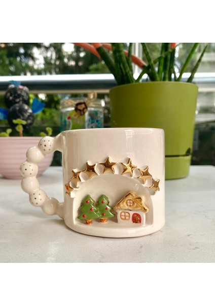 El Yapımı Seramik Gerçek 24K Altın Dekorlu Yıldızlı Yılbaşı Kupa modelleri