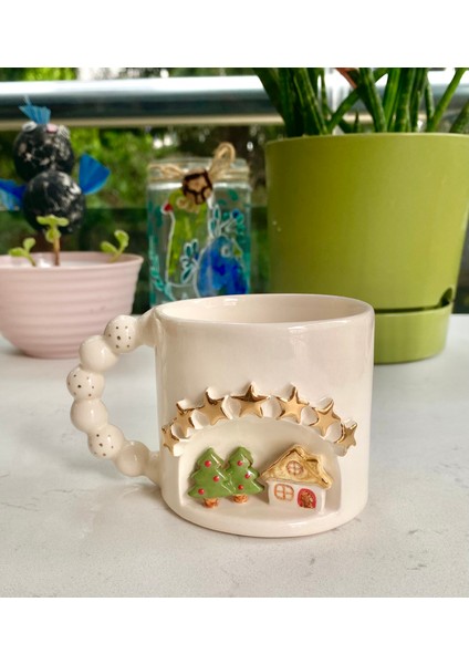 El Yapımı Seramik Gerçek 24K Altın Dekorlu Yıldızlı Yılbaşı Kupa fırsatları