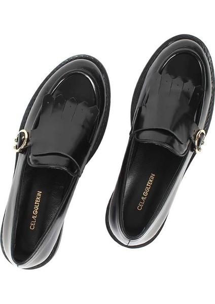 Kadın Siyah Tokalı Açma Deri Loafer