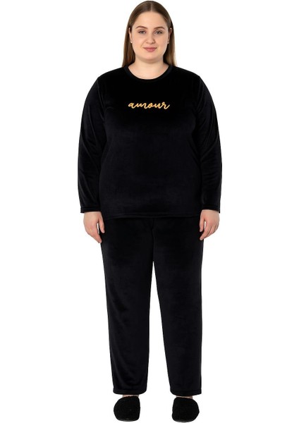 Kadın Büyük Beden 13213 Kadife Pijama Takımı Siyah