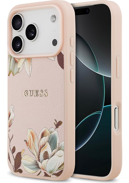 iPhone 17 Pro Max Uyumlu Kılıf Guess Lisanslı M-Safeli Taneli Çiçek Tasarım Metal Yazı Logolu Pembe