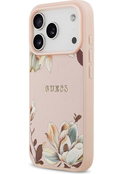 iPhone 17 Pro Max Uyumlu Kılıf Guess Lisanslı M-Safeli Taneli Çiçek Tasarım Metal Yazı Logolu Pembe fiyatları