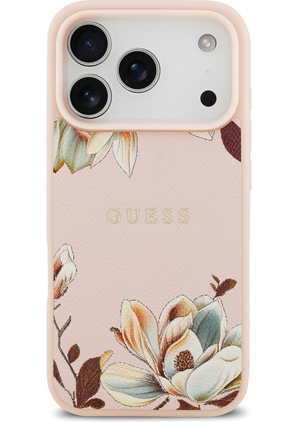 iPhone 17 Pro Max Uyumlu Kılıf Guess Lisanslı M-Safeli Taneli Çiçek Tasarım Metal Yazı Logolu Pembe modelleri