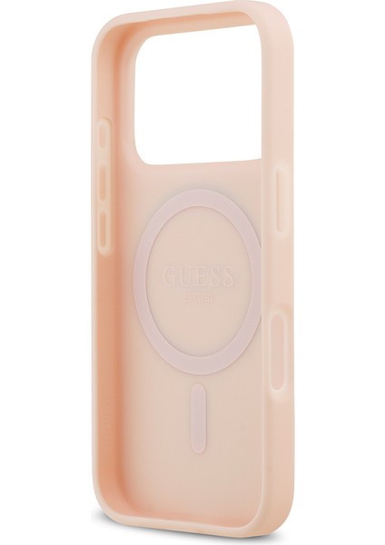 iPhone 17 Pro Max Uyumlu Kılıf Guess Lisanslı M-Safeli Taneli Çiçek Tasarım Metal Yazı Logolu Pembe