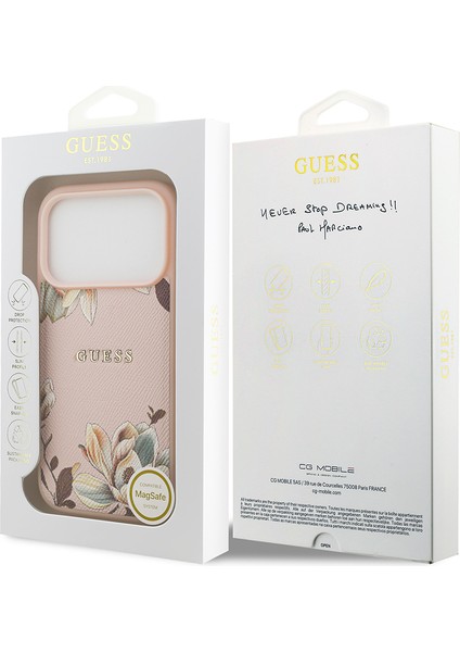 iPhone 17 Pro Max Uyumlu Kılıf Guess Lisanslı M-Safeli Taneli Çiçek Tasarım Metal Yazı Logolu Pembe